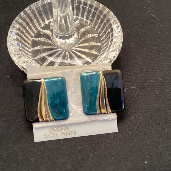 Turquoise, Black and Goldtone Square Earrings Post Back - Picture 1 of 5